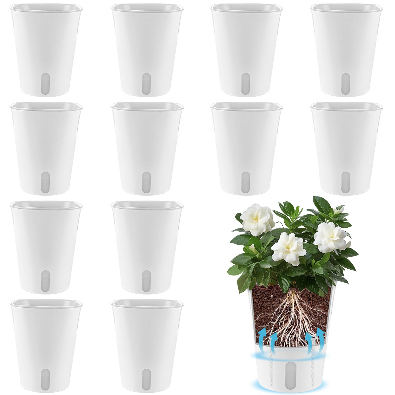 APACALI 12 Stück 12.5CM Blumentopf mit Bewässerungssystem, Selbstbewässerung Topf mit Wasserstandsanzeiger, Kräutertopf Küche mit Bewässerungssystem, Blumentopf für Indoor für Innen und Balkon