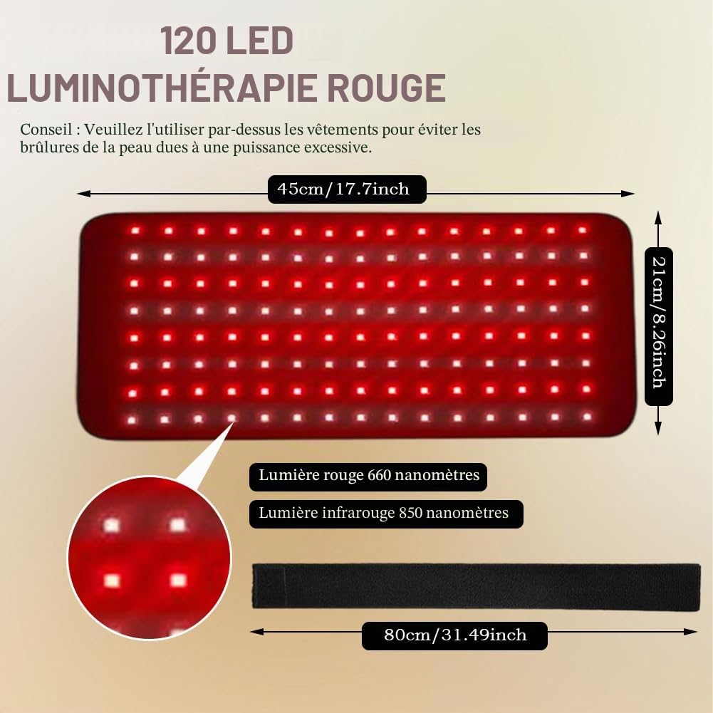 Ceinture thérapeutique à 120 LED à lumière rouge - 5 niveaux de vibrations - Massage avec mode pulsé 10 Hz - Thérapie par lumière infrarouge pour les douleurs du dos, des épaules et de la taille