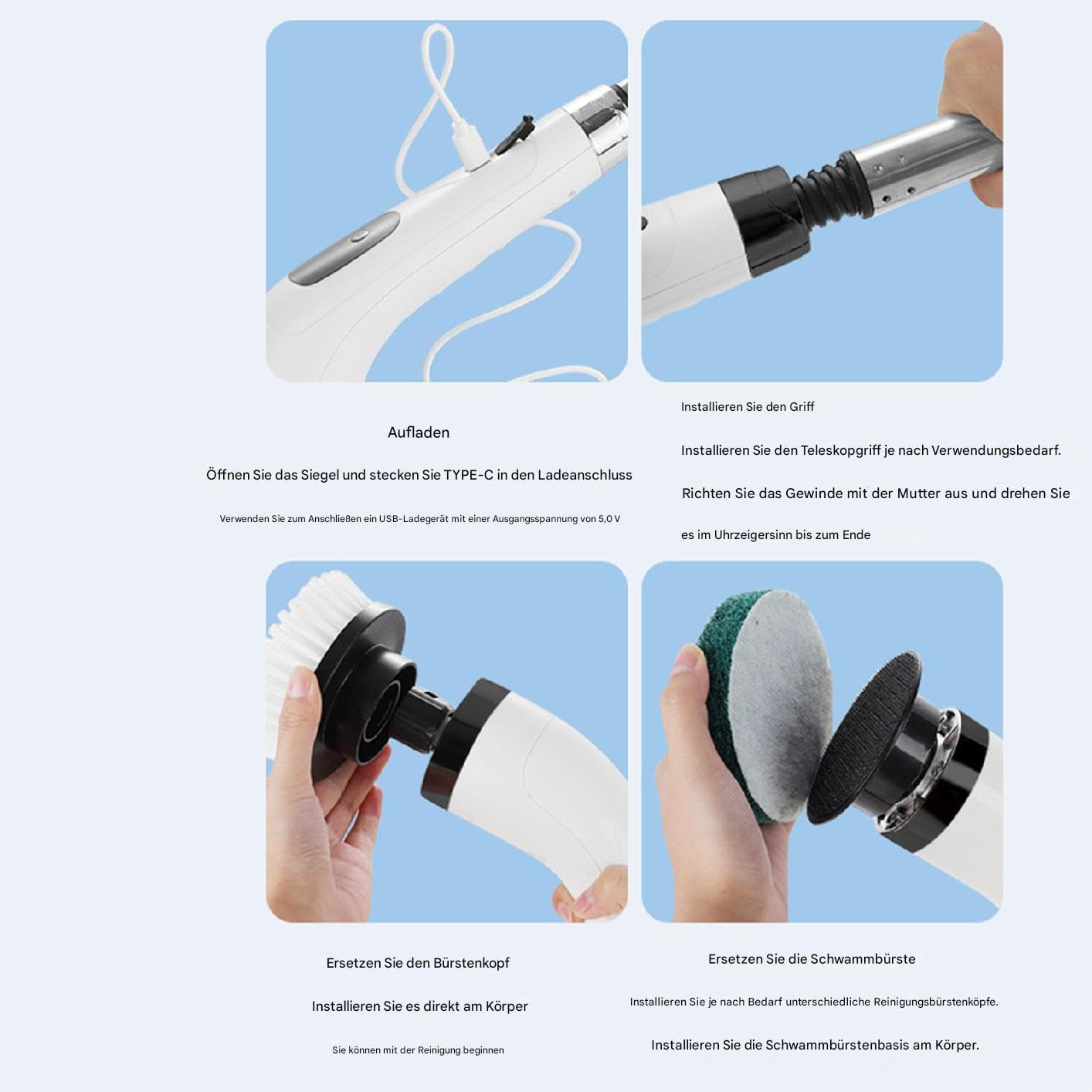 Bezprzewodowa elektryczna szczotka do czyszczenia – szczotka do ponownego ładowania do łazienki, ładowanie USB, szczotka ręczna z 3 głowicami szczotki, narzędzie do czyszczenia płytek podłogowych