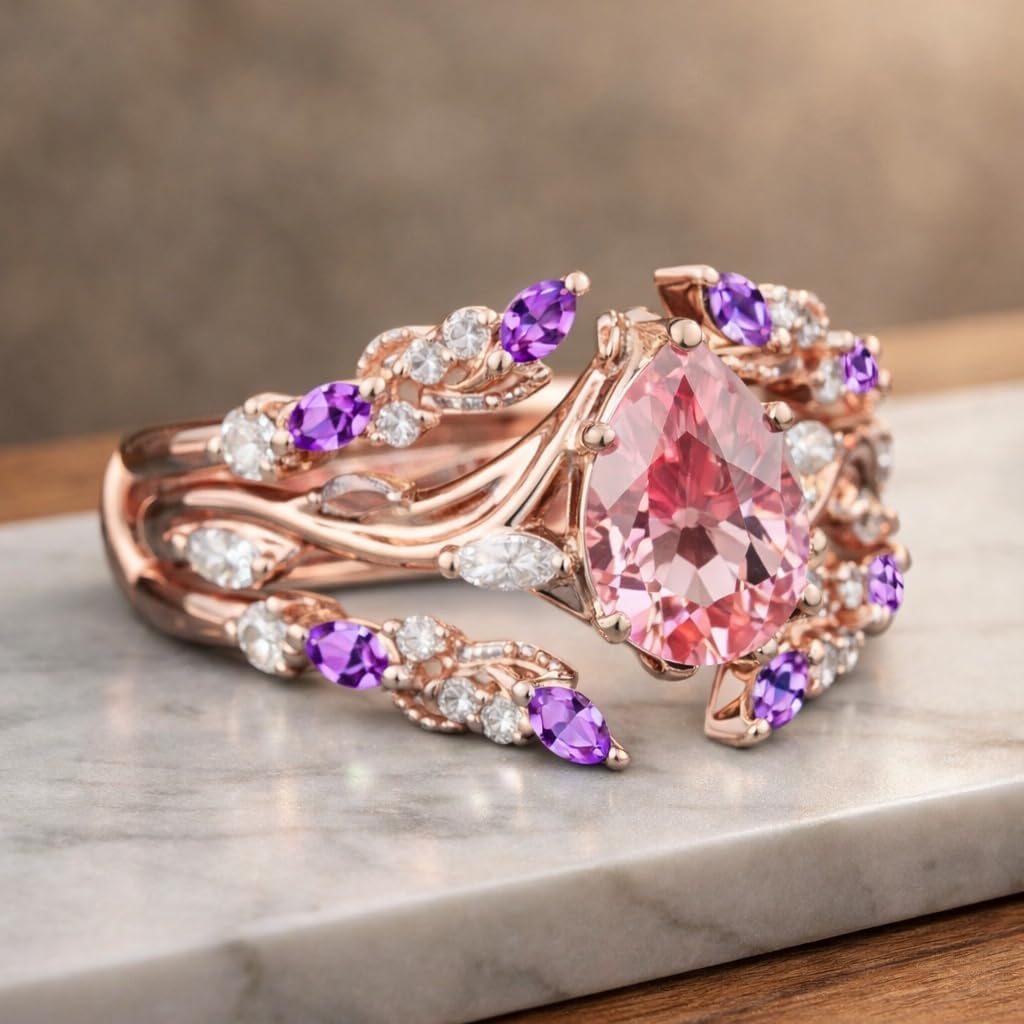 Pear Cut Morganite Engagement Ring Enhancer Set for Women 18K Rose Gold Leaf Vine Wedding Ring with Amethyst & Diamond Accents Vintage Floral Bridal Promise Jewelry Gift