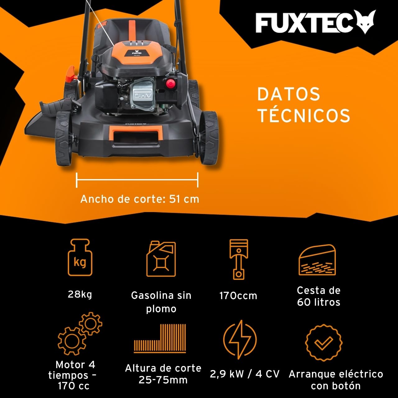FUXTEC Cortacésped autopropulsado de Gasolina con Arranque eléctrico FX-RM5170eS 4en1-170 cm3 4CV, 4 Tiempos, Ancho de Corte 51 cm, Alto de Corte 7 Pos. 60L, Función Mulching & Descarga Lateral