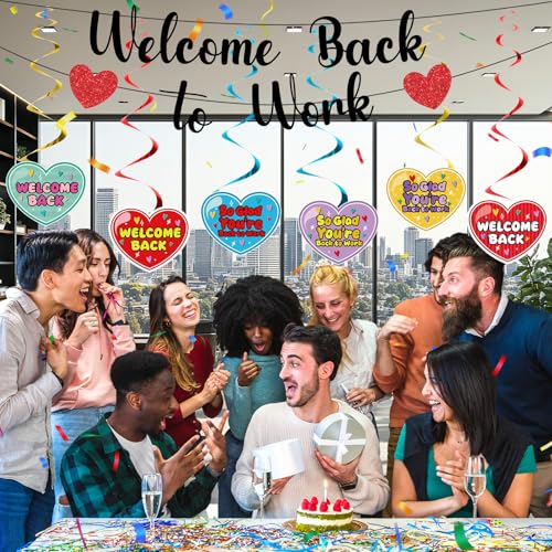 Image of Welcome Back To Work Decoration Banner So Glad You're Back To Work Banner and Hanging Swirls for Office Party Supplies
