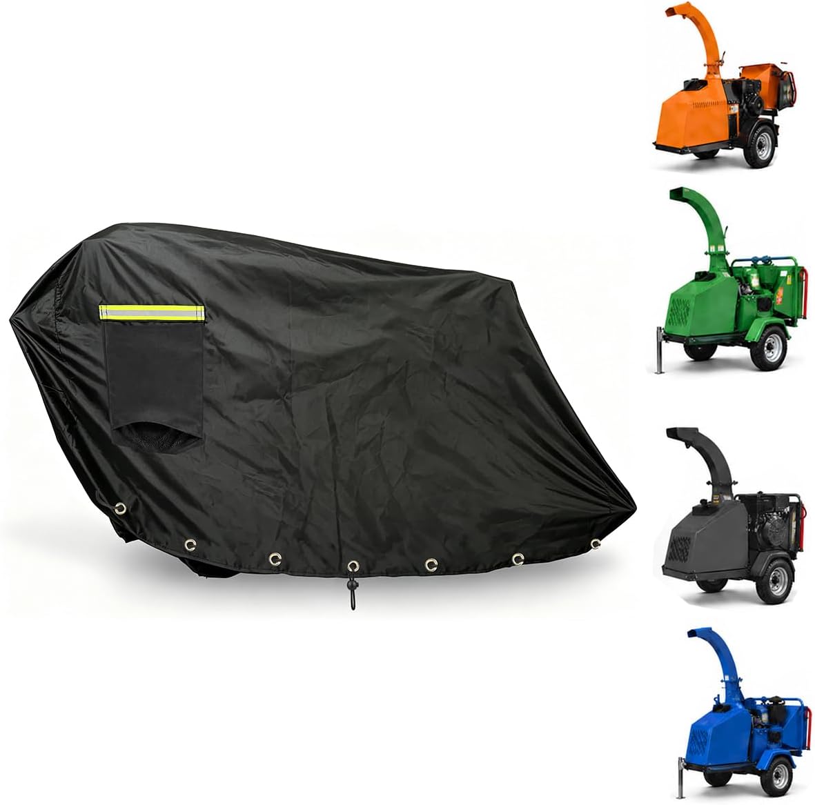 Large Wood Chipper Cover - 420D Waterproof, 78.7"x55.1"x47.2" | 420D heavy-duty PU-coated polyester. Windproof drawstring, 14 grommets, mesh vents, reflective strips. Fits towable chippers.