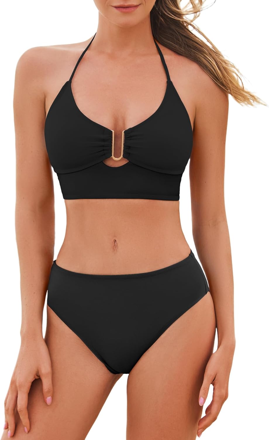 Jolefille High Waisted Bikini Sets for Women Tummy Control Bathing Suit Modest Cutout Swimsuits Halter Midkini Swim Suit 2026