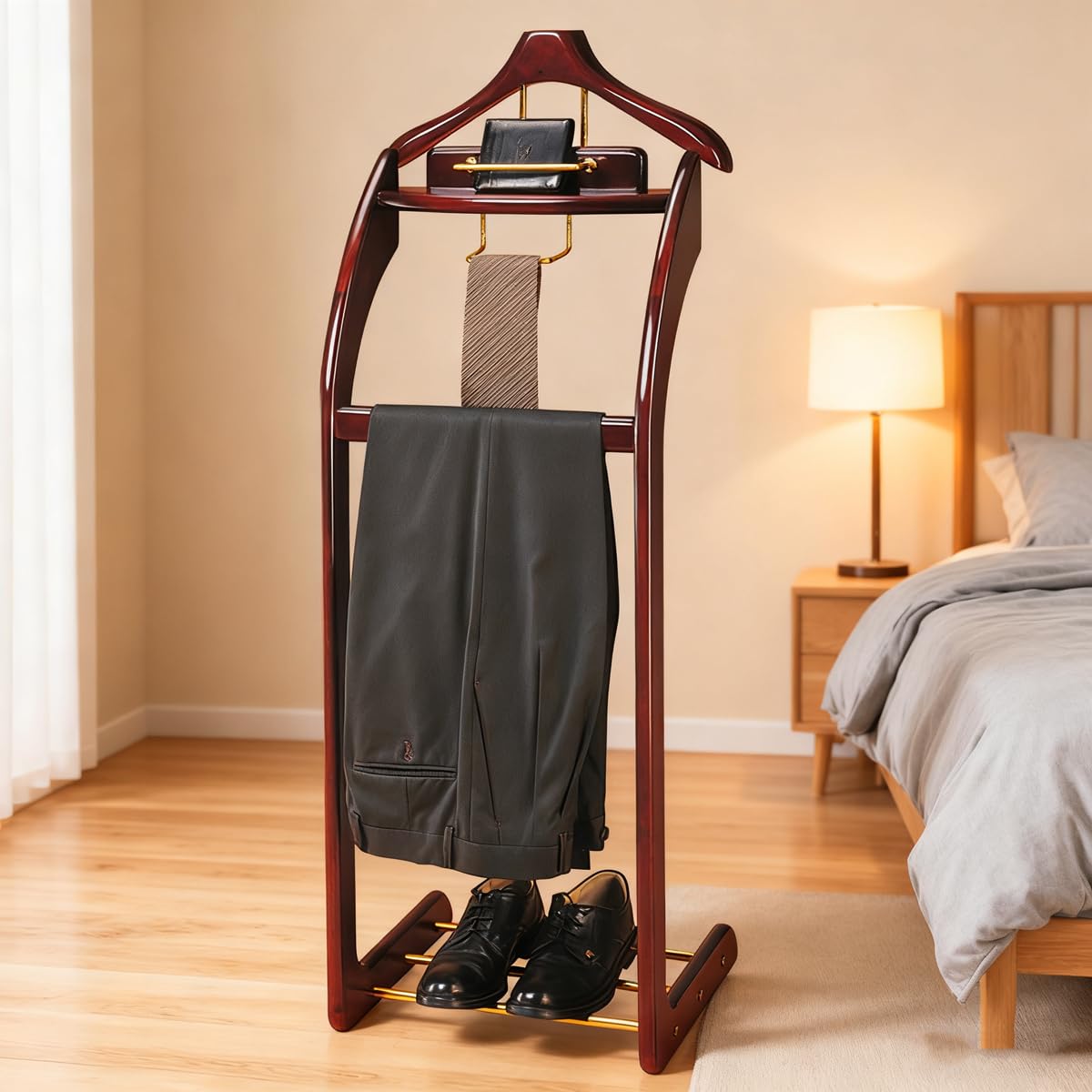 Ele Wardrobe Nizer - Appendiabiti in legno con base, per ufficio e soggiorno, include barra per pantaloni e fermacravatta, da uomo