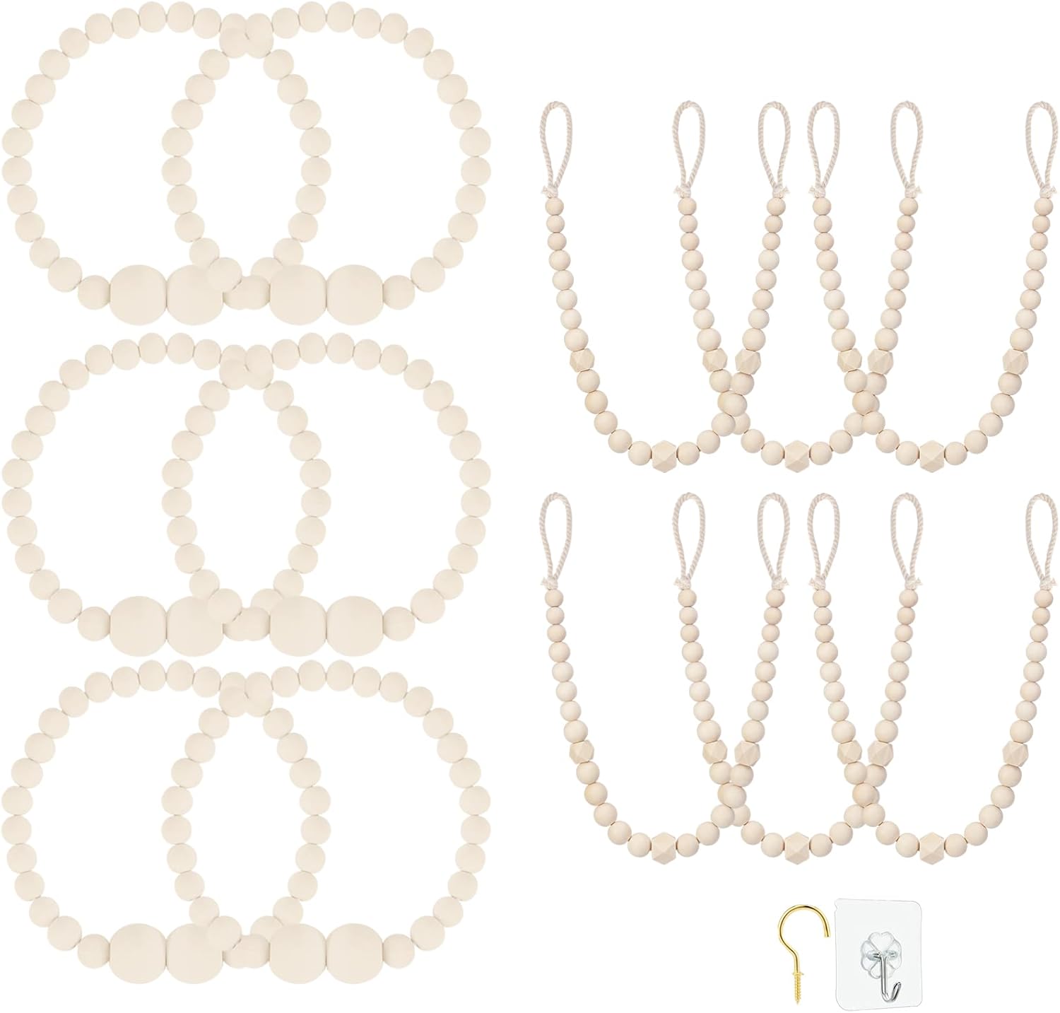 Wood Bead Curtain Tiebacks, 12 Pack Curtain Holdbacks for Draperies, Elegant Curtain Tie Backs for Bedroom Decor, Boho Room Decor, Nursery Decor, Farmhouse Decor
