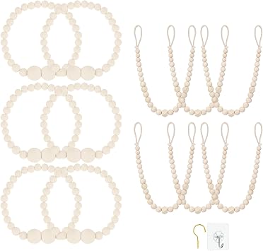 Wood Bead Curtain Tiebacks, 12 Pack Curtain Holdbacks for Draperies, Elegant Curtain Tie Backs for Bedroom Decor, Boho Room Decor, Nursery Decor, Farmhouse Decor