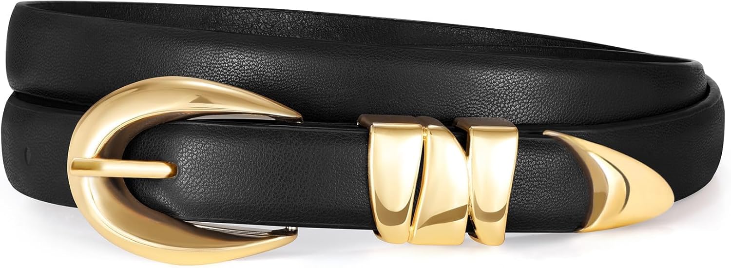XZQTIVE Women's Skinny Leather Belts Ladies Thin Waist Belts for Jeans Dress Pants Trendy Black Belt with Gold Buckle