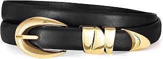 XZQTIVE Women's Skinny Leather Belts Ladies Thin Waist Belts for Jeans Dress Pants Trendy Black Belt with Gold Buckle