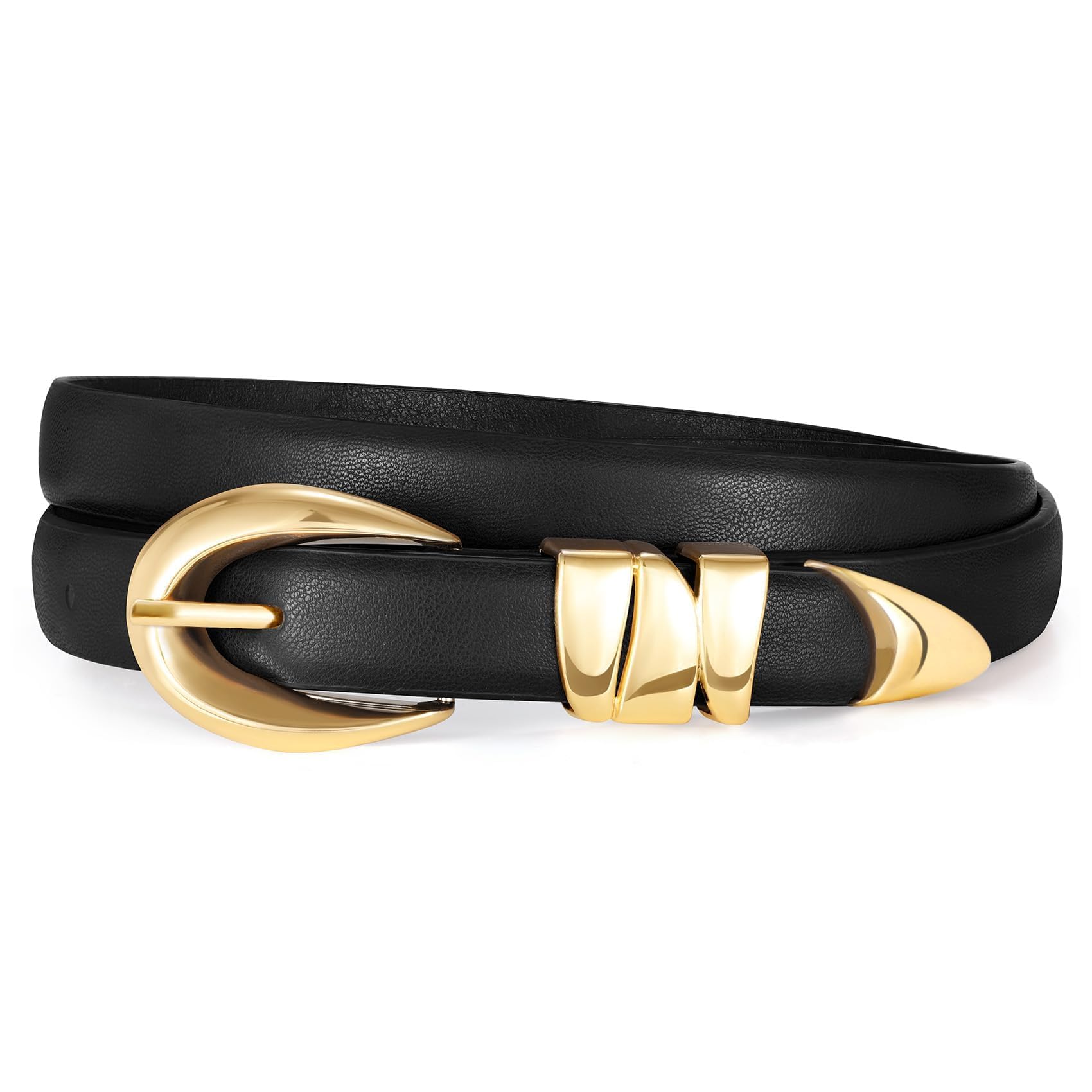 XZQTIVE Womens Skinny Leather Belts Ladies Thin Waist Belts for Jeans Dress Pants Trendy Black Belt with Gold