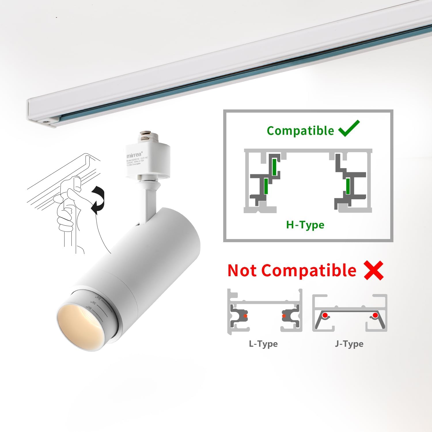 mirrea 12 Pack 5-Color Zoomable LED Track Lighting Heads+5-Color Zoomable H-Type White Track Lighting Heads