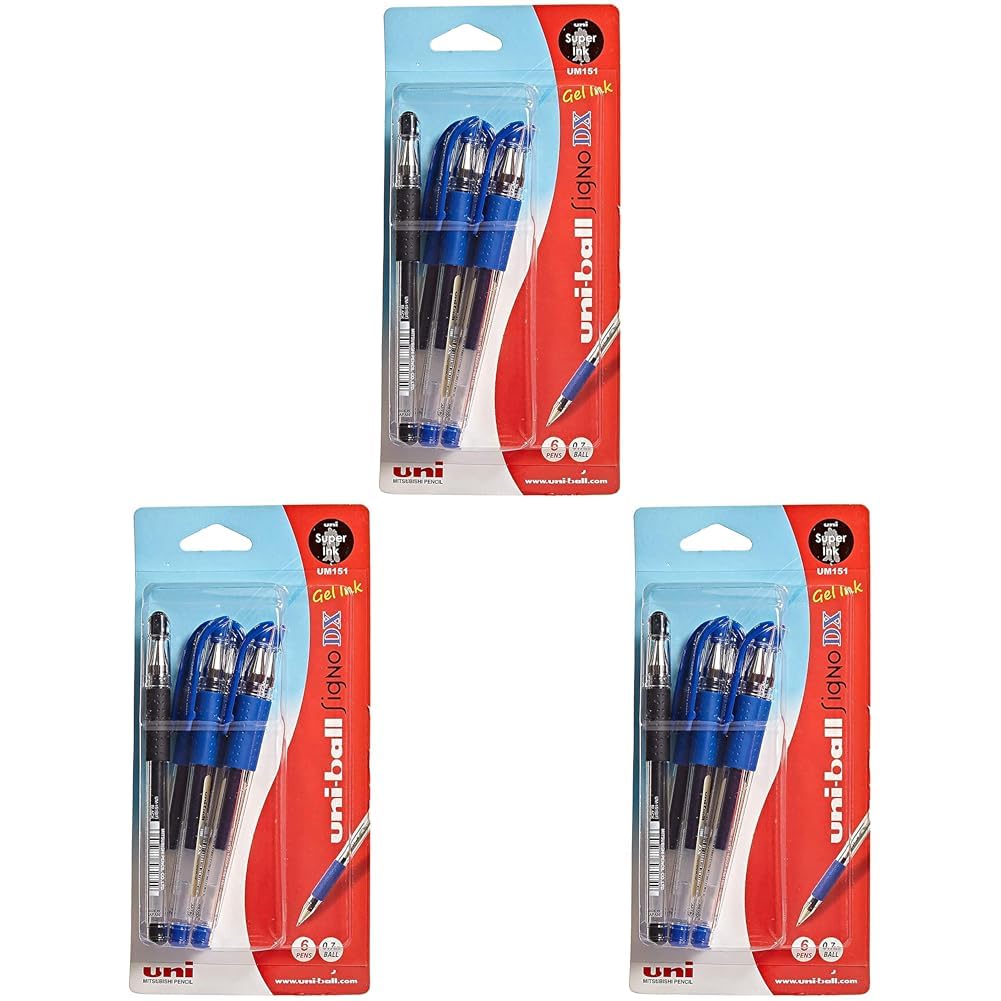 Uni-Ball Signo Dx 0.7 Mm Tip Gel Pen 6-Pieces, Black/Blue, Multicolor