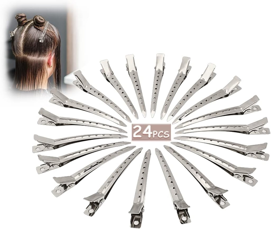 Korintin Hair Clips for Styling Sectioning 24Pack, Metal Duck Bill Clips for Women, Alligator Hair Clip for Long Curl Thick Hair, Roller Clips, Pin Curl clips, Salon Clips (Silver)