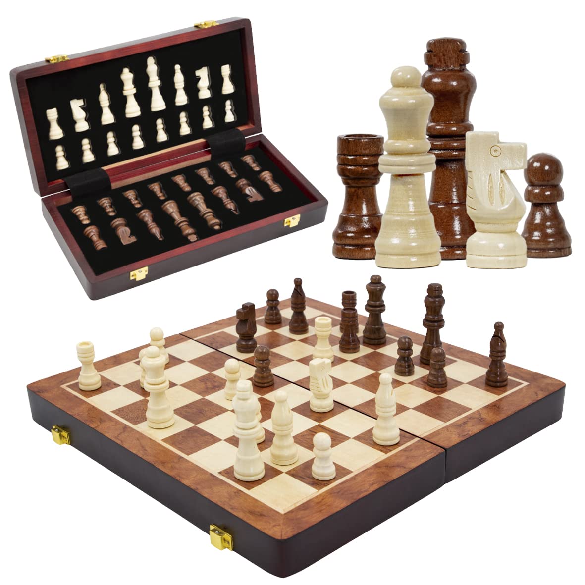 Global Gizmos 81129 Folding Wooden Chess Set/Portable Travel Chess Board/Folding Table with Storage / 29x29cm Size/Rustic Wooden Design