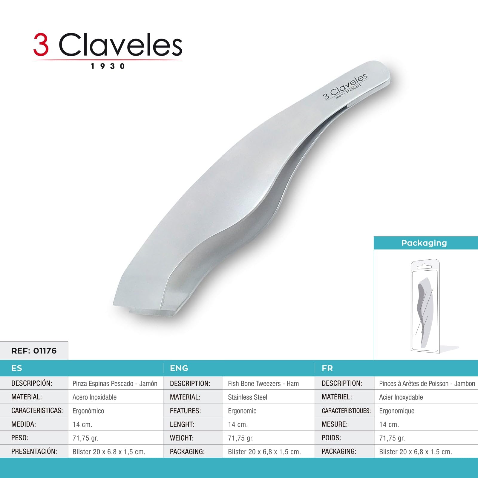 3 Claveles Pinzas Pescado o Jamón, Acero Inoxidable-(14cm), 14 cm