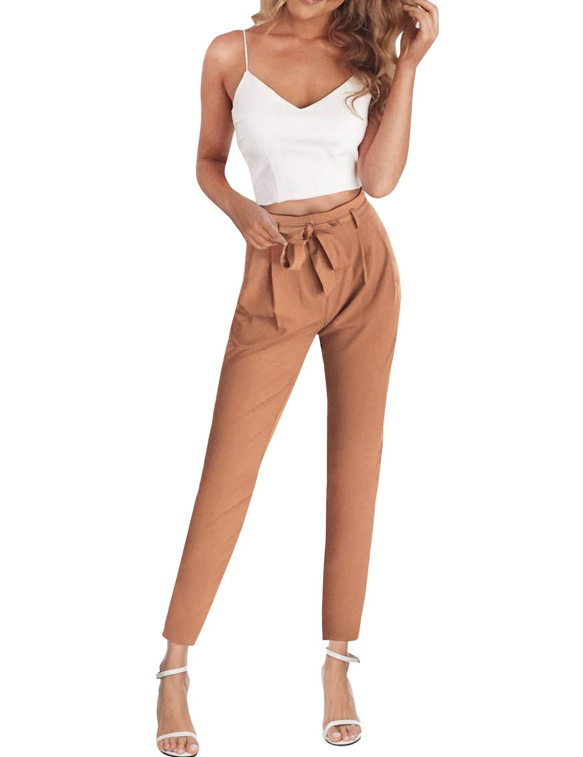 Women 2 Pieces Outfit Spaghetti Strap Top and Bodycon Long Pant with Belt
