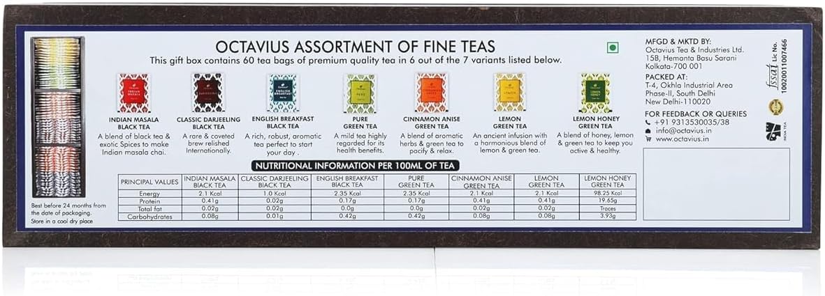Octavius Assortment of Fine Black Tea & Green Tea Green Tea Teas - 60 Enveloped Tea Bag Tea Bags in Handcrafted Wooden Gift for Christmas & New Year Gift Set | Traditional Indian Elephant Pattern On The Lid