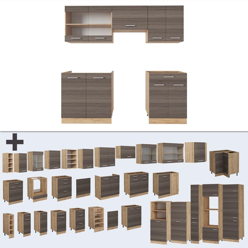Vicco Küchenzeile R-Line, Edelgrau/Goldkraft Eiche, 200 cm, AP Eiche, geeignet zur individuellen Erweiterung durch Zusatzmodule