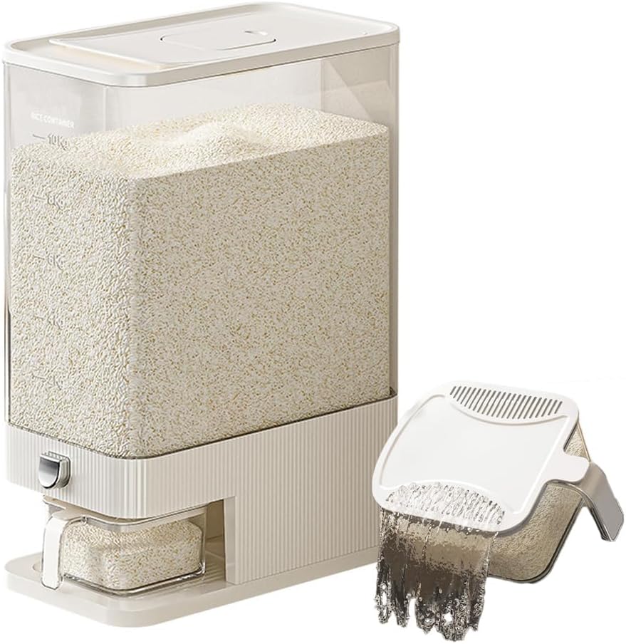 Rice Dispenser,25 Lbs Rice Storage with Measuring Cup and Dial,One-Touch Cereal Dispenser,Sealed Moisture Proof for Rice, Corn,Soybean, Oatmeal (22-27 Lbs(10-12.5kg))