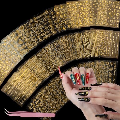 Teenitor 50 Sheets Nail Stickers for Nail Art Nail Decals Gold Nail Stickers for Kids Women in Fall Winter Halloween Christmas Nail Decorations