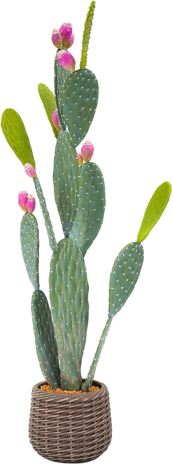 Artificial Cactus Plant Outdoor, 41” Tall UV-Resistant Fake Cacti Plants with Realistic Pads & Vibrant Fruits in Brown Pot, Faux Floor Plant for Indoor Home Living Room Foyer Porch Balcony