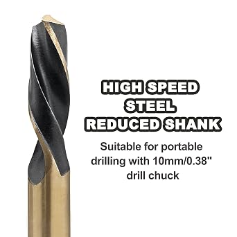 11/16 Reduced Shank Drill Bit, 0.38 Shank HSS Drill Bit Black and Gold Oxide Finish, 115 Degree Split Point Industrial Drill Bit for General Building Engineering Woodworking DIY Projects
