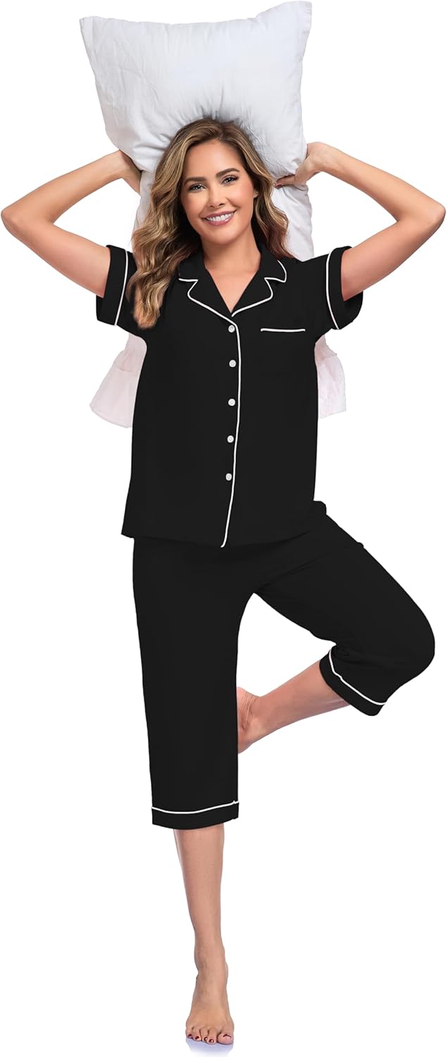 COLORFULLEAF Womens Cotton Pajama Sets Short Sleeve Button Down Sleepwear Summer Capri Pants Pjs with Pockets - Image 4