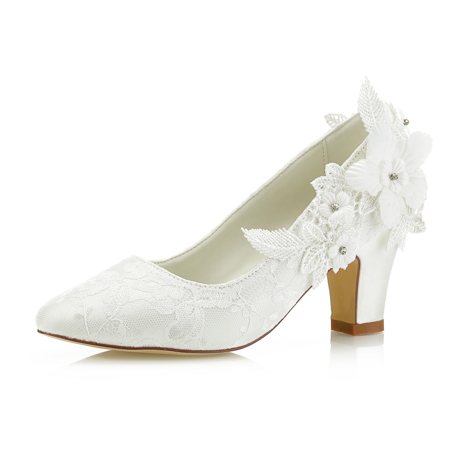 JIAJIA 62311 Damen Brautschuhe Closed Toe 7cm Chunky Heel Spitze Satin Pumps Satin Blume Hochzeitsschuhe