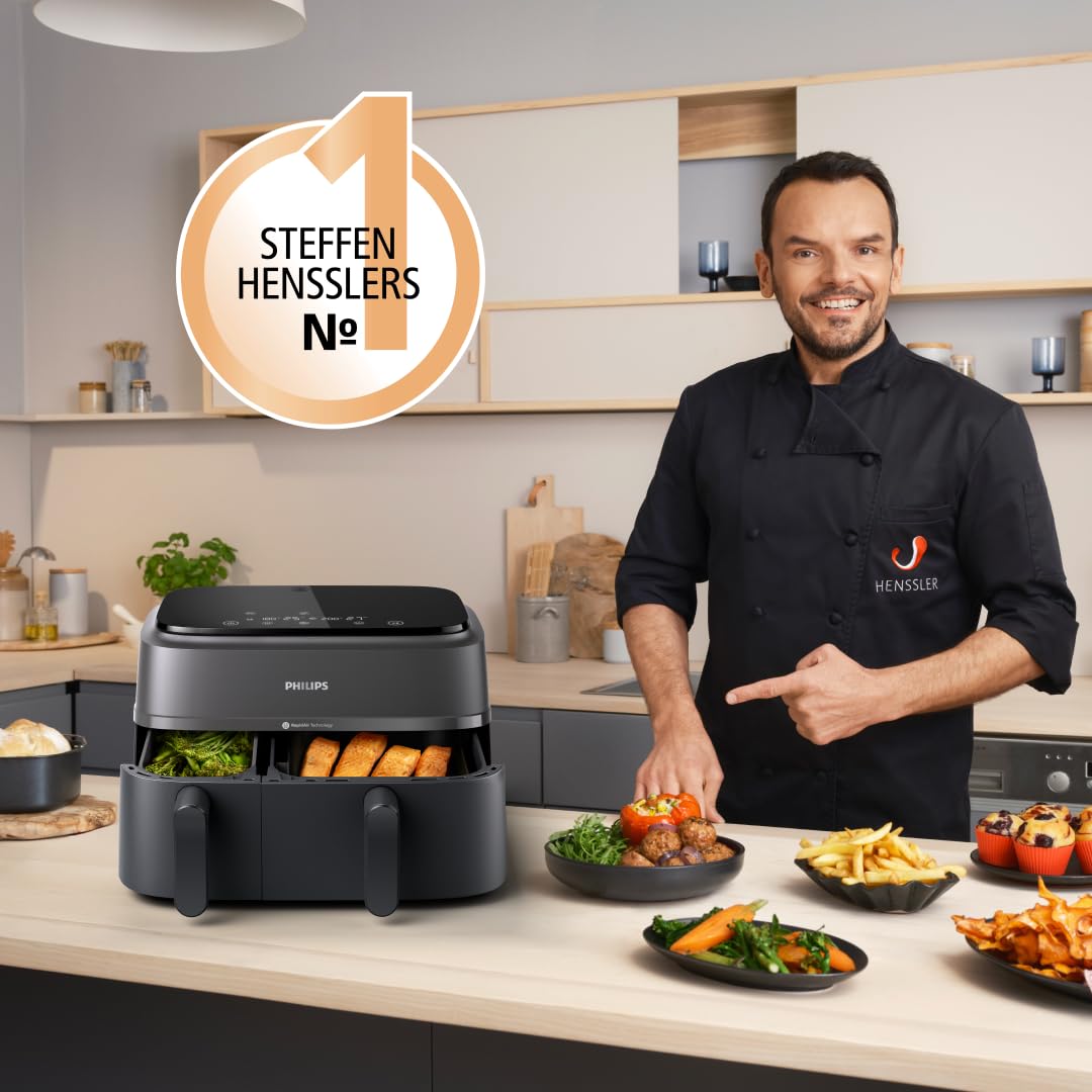Philips Airfryer Dual Basket 3000 Serie Heißluftfritteuse, Schwarz, 9 L | 2 Körbe, RapidAir Plus Technologie, Touchscreen, 12 Kochfunktionen, HomeID App (NA350/00)
