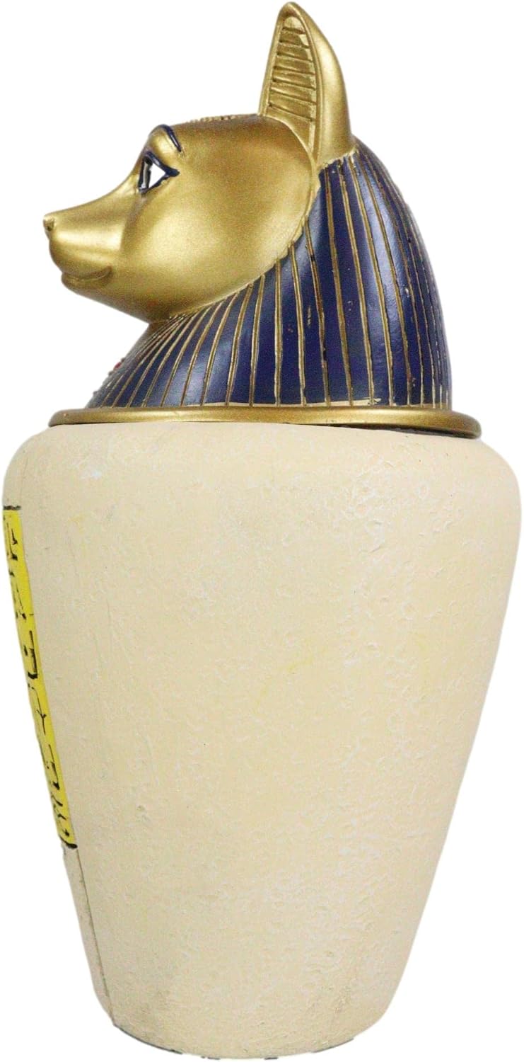 Ebros Gift Ancient Egyptian Gods and Deities Bastet Feline Cat with Golden Hieroglyphs Canopic Jar Memorial Urn Decorative Stash Box 10.5" H Figurine Storage Box Kingdom Egypt Collectible Decor