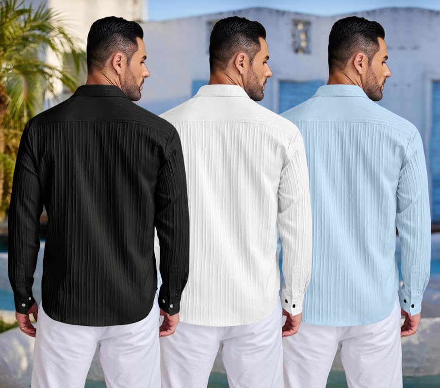 Image of FINIVO FASHION Combo of Men's Casual Cotton Plain Button Down Shirt Long Sleeve Textured Summer Beach Shirt for Men Pack of 3