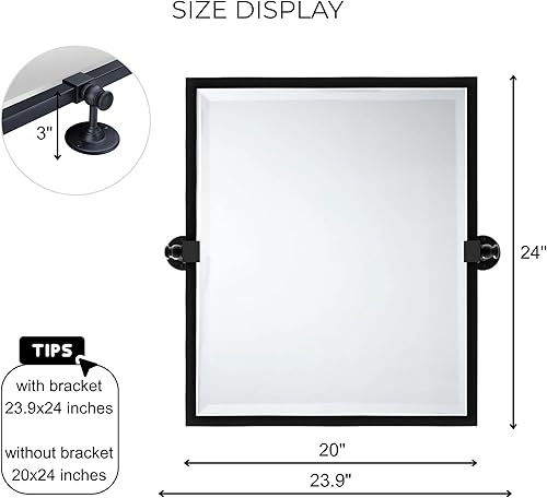 Miniatura 8 de TEHOME Espejo pivote de 20 x 24 pulgadas, espejo de baño rectangular con inclinación negra, espejos de tocador biselados con marco de metal