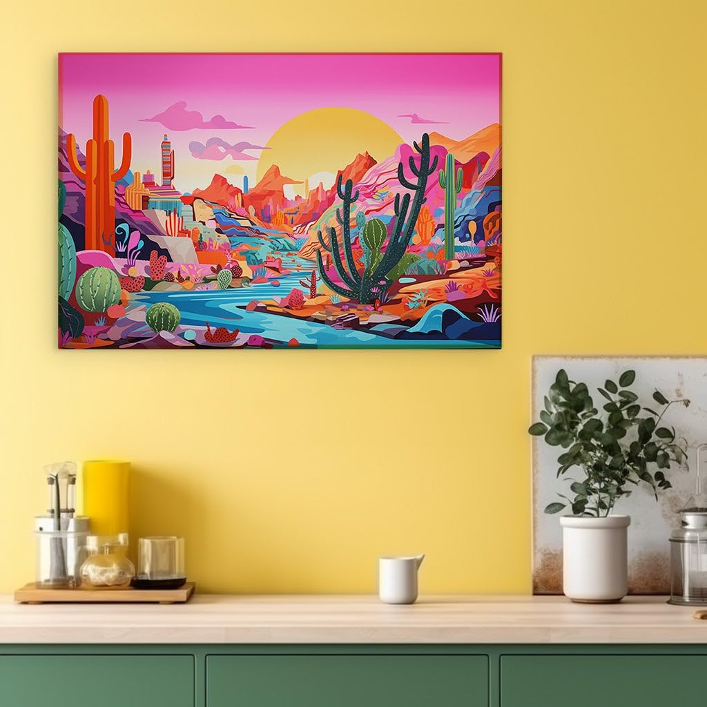 Canvas for Living Room. Vibrant Desert Sunset: A Tapestry of Colorful Skies and Lively Cityscapes, 27 x 18 inch Canvas Wall Art - Contemporary Masterpieces - Modern Home Decor