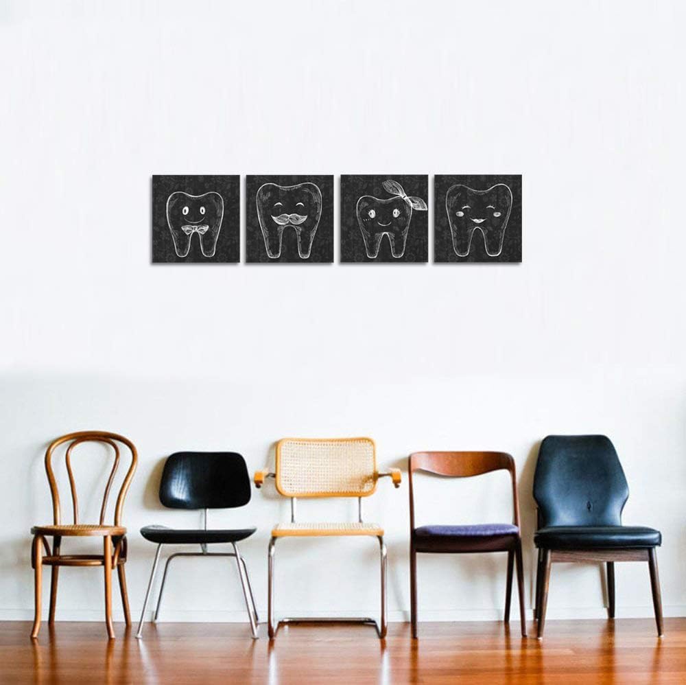 HOMEOART Dental Clinic Wall Decor Teeth Family Black and White Tooth Painting Canvas Prints Dentist Office Decoration Gift Gallery Wrap Ready To Hang 12"x12"x4 Panels