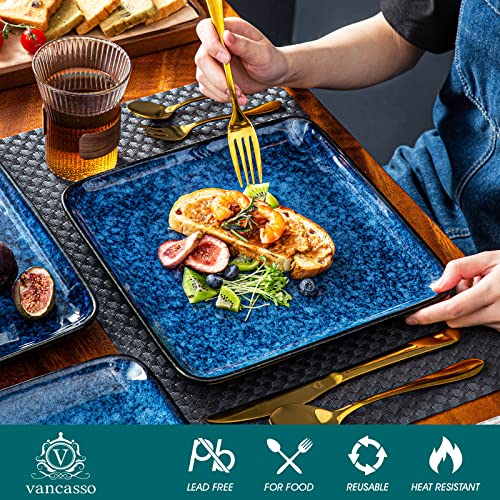 Image of vancasso Stern Square 4 Piece Dinner Plate Set, Reactive Change Glaze Blue 10.5 Inch Salad, Fruit, Snack Plate