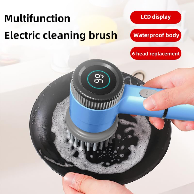 Image of Electric Rotary Floor Scrubber, 6 Cordless Cleaning Brushes with Replaceable Cleaning Heads, Powerful Shower Floor Scrubber for bathrooms, bathtubs, Tiles, and Floors.. (Blue), RS-C160L