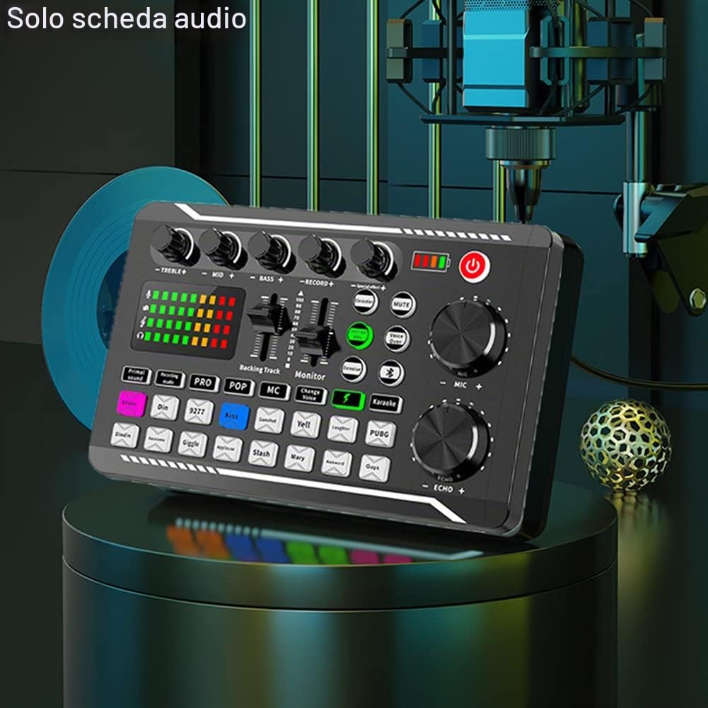 Audio Mixer Card Voice Changer, Audio Mixer DJ Mixer Board Adapter, DJ Equipment Streaming Podcast Scheda audio compatibile Bluetooth per telefono Computer Scheda audio Live con luce LED