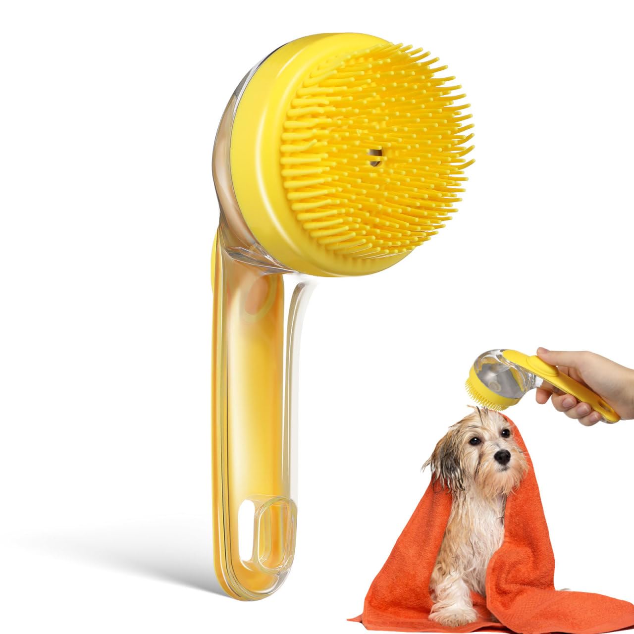 Sosoport Dog Bath Brush with Built-in Soap Dispenser Ergonomic Handle Soft Bristle Pet Grooming Scrubber for Dogs and Cats Massage and Hair Removal 7.48In Portable Shower Brush