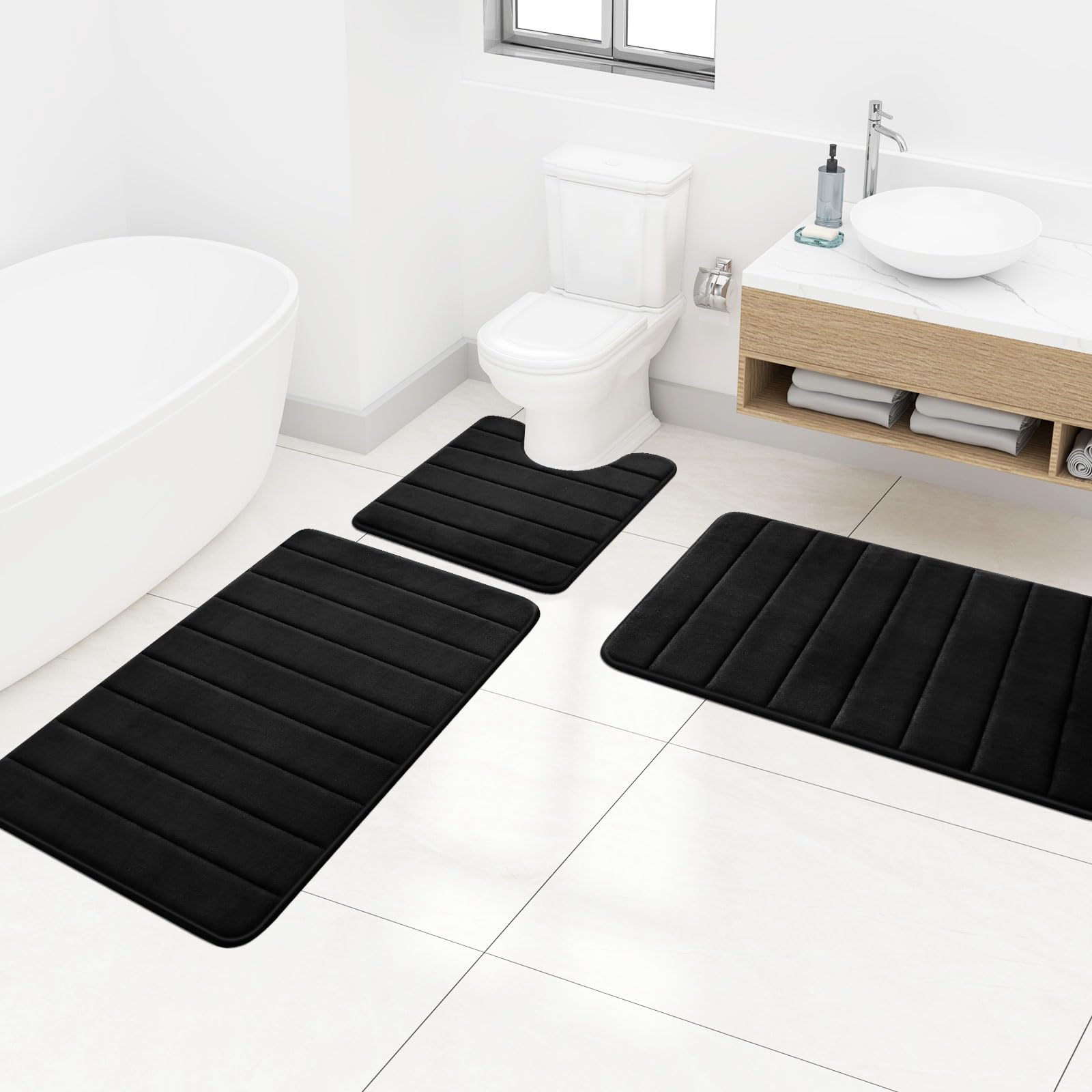 OLANLY Thick Memory Foam Bath Mat Rug 44x24, Extra Soft Absorbent Bathroom Rug, Quick Dry Bath Mats, Non-Slip, Machine Washable Carpet For Bathroom, Tub And Shower, Home Decor Accessories, Black