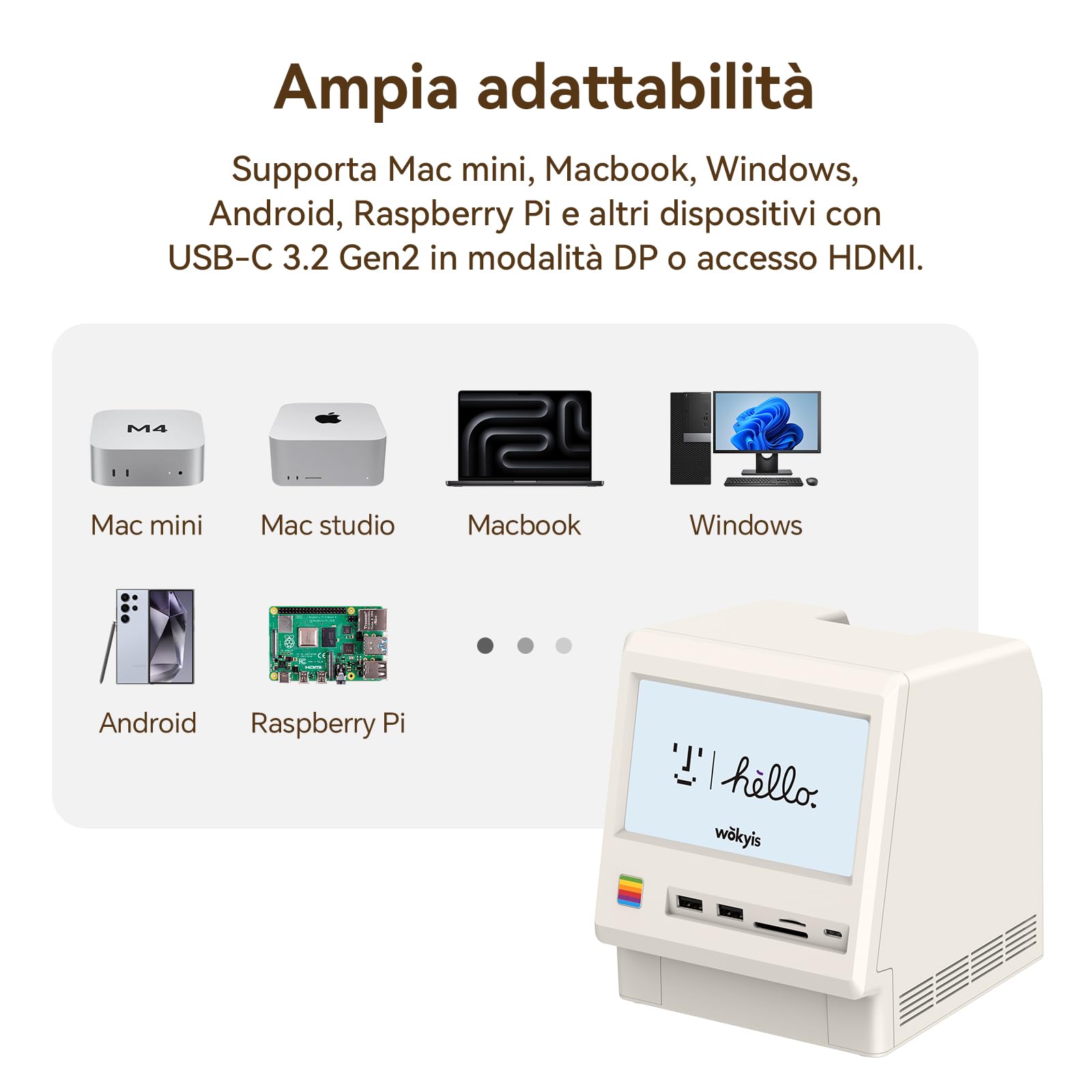 M5 - Base di connessione per Mac mini M4 (schermo HD da 5 pollici, custodia SSD M.2 NVMe, lettore di schede SD/Micro SD 4.0, 4 porte USB-A, 1 USB-C (10 Gbps), jack per cuffie da 3,5)