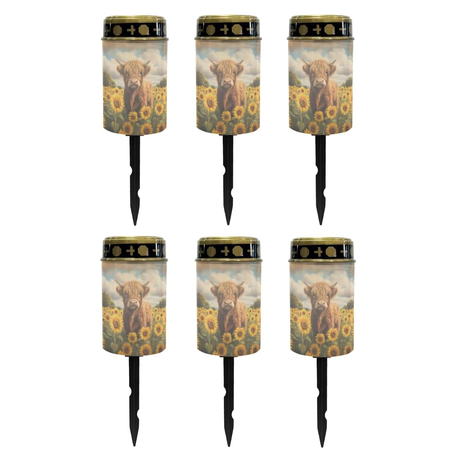 Poceacles 6 PCS Solar Lights Outdoor for Cemetery Grave Decorations, Fake LED Pillar Candles Solar Powered Waterproof Outdoor Stake Lights Grave Markers, Cow Sunflower Field