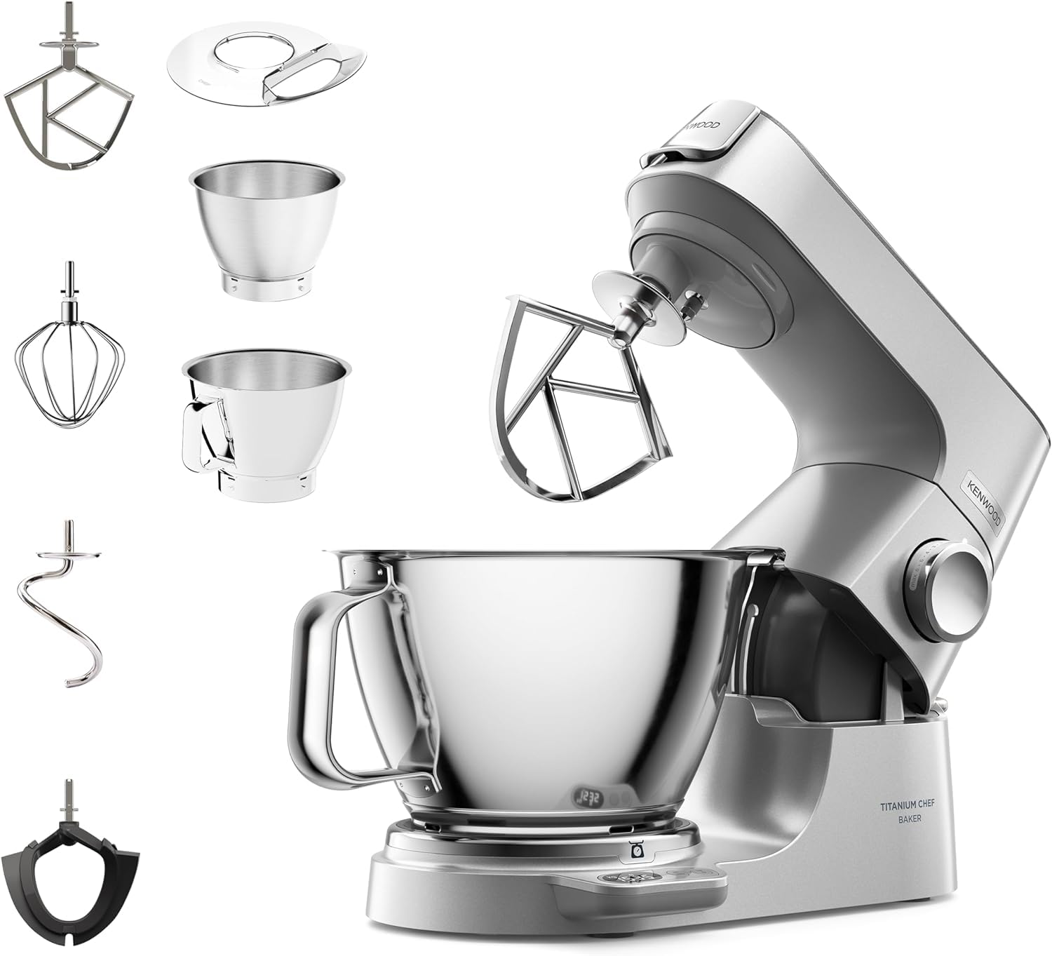 Kenwood Titanium Chef Baker KVC85.004SI Küchenmaschine mit integrierter Waage & ThermoResist Glas-Mixaufsatz KAH359GL
