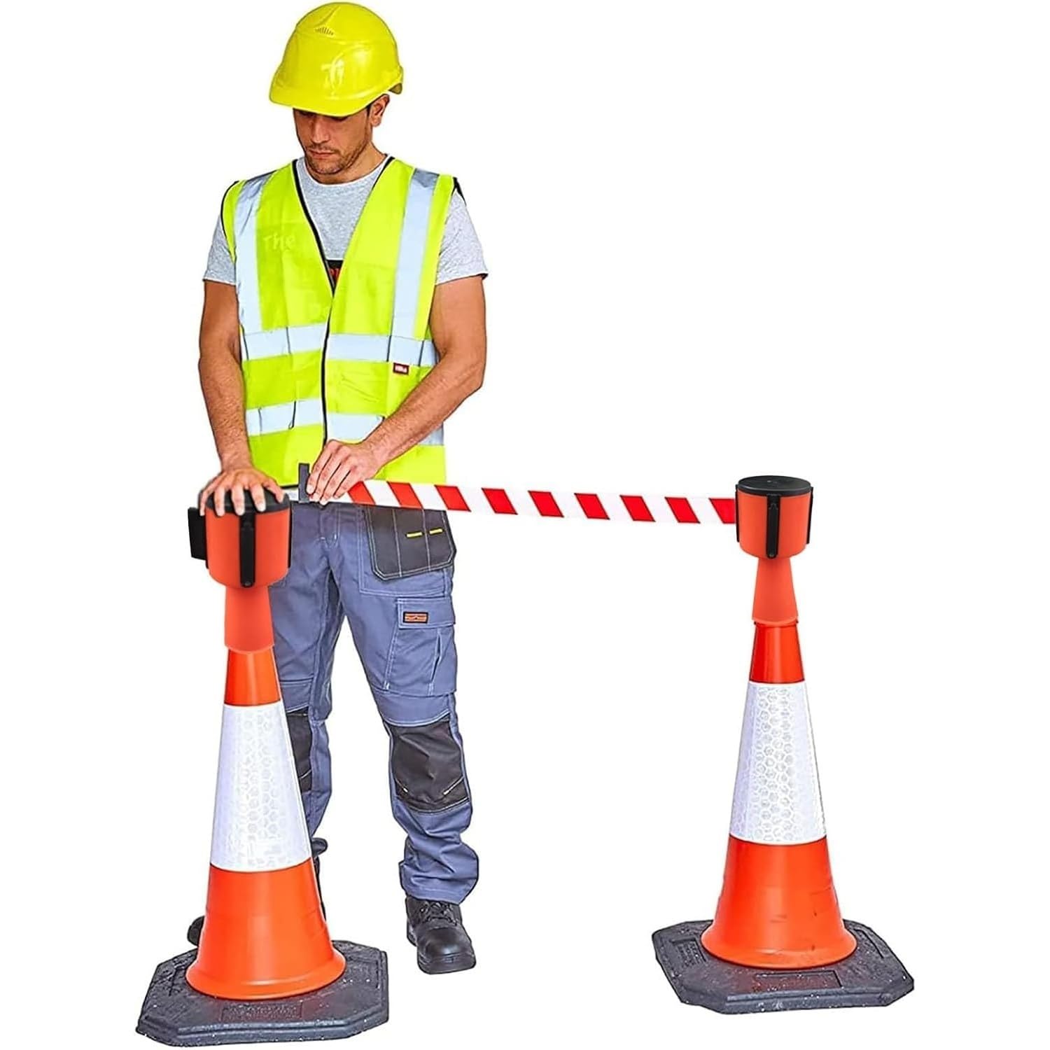 Barrera retráctil de Conos de tráfico, Cinta montada sobre Conos para Bloquear Zonas de tráfico y peatonales, Cinta de Advertencia de Emergencia, 9 m de Longitud.