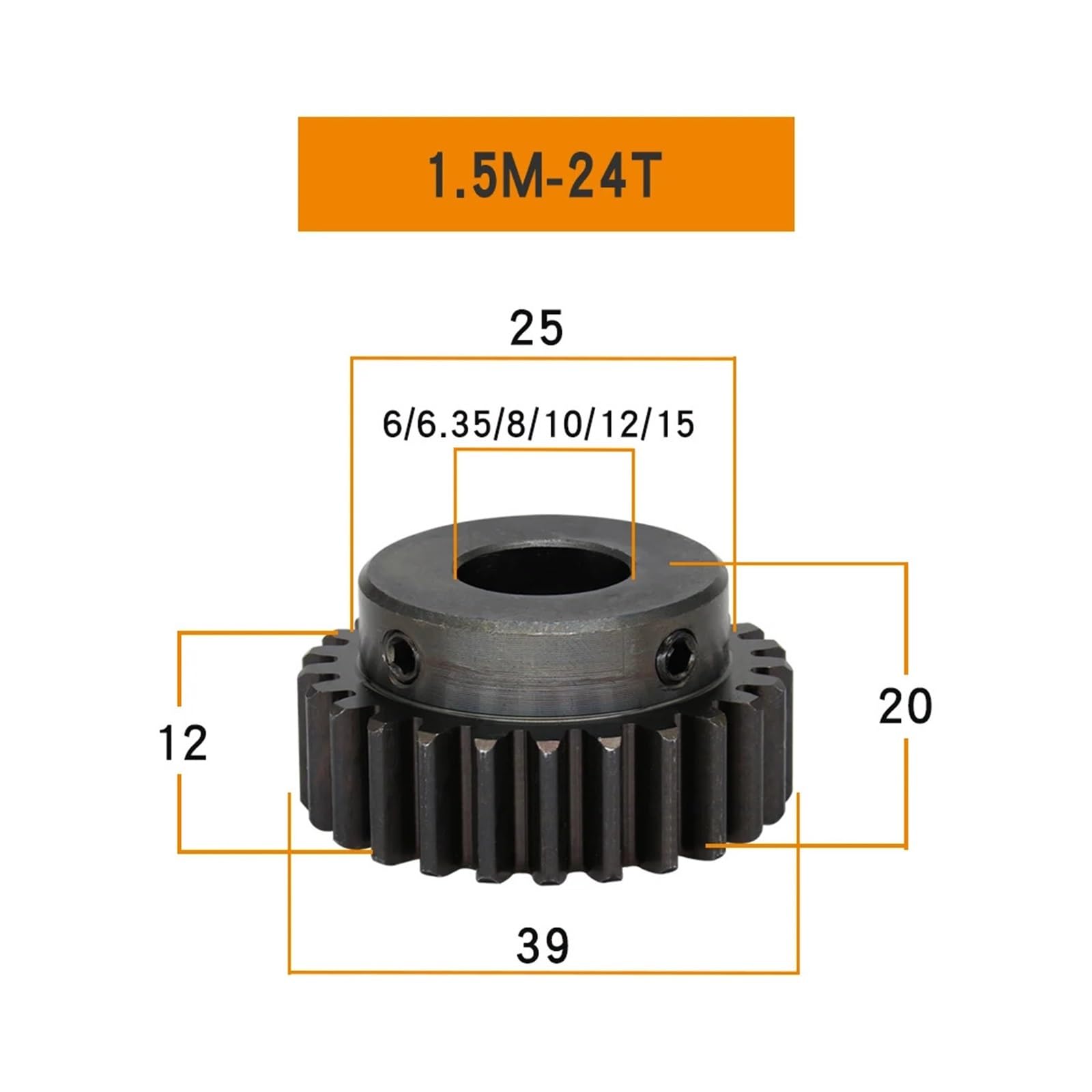 Bevel Gear Pinion Hardware Mechanical Cylindrical Gear 1.5M-23T/24T Bore 6mm Teeth Thickness 12 Mm Blackening Carbon Steel Gears for Transmission(1.5M24T)