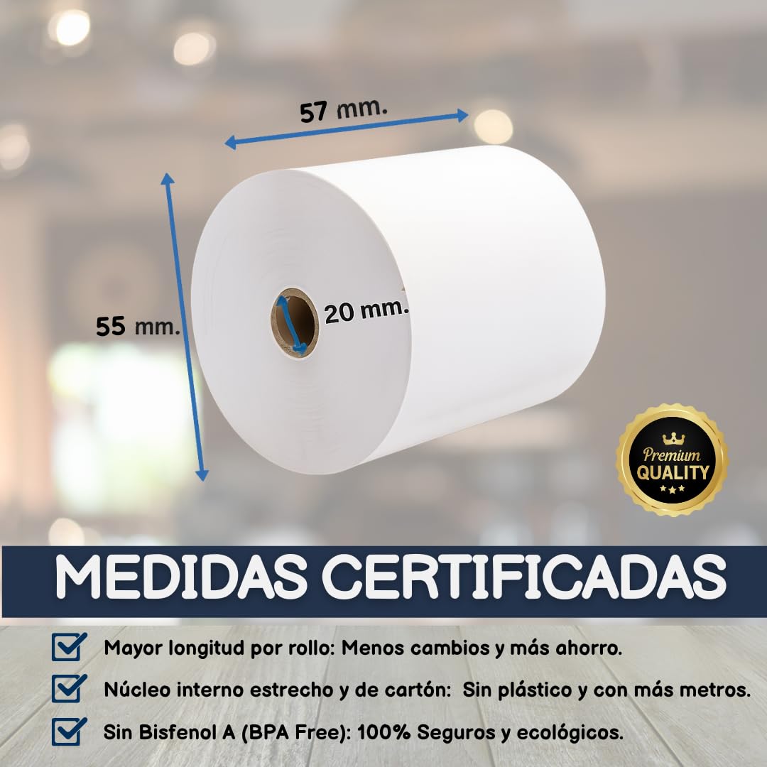 100 Rollos Papel Térmico 57x55 | Rollo Ticket 57x55 Termico | Rollos Térmicos 57x55 | Para Impresoras TPV, Cajas Registradoras, Tickets y Recibos