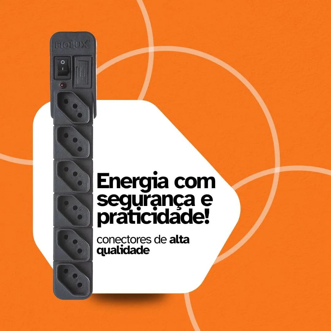Extensão Régua Filtro De Linha Protetor Energia Elétrica 6 Tomadas Fiolux Powerlink 127 220 (1 Metro Preto)