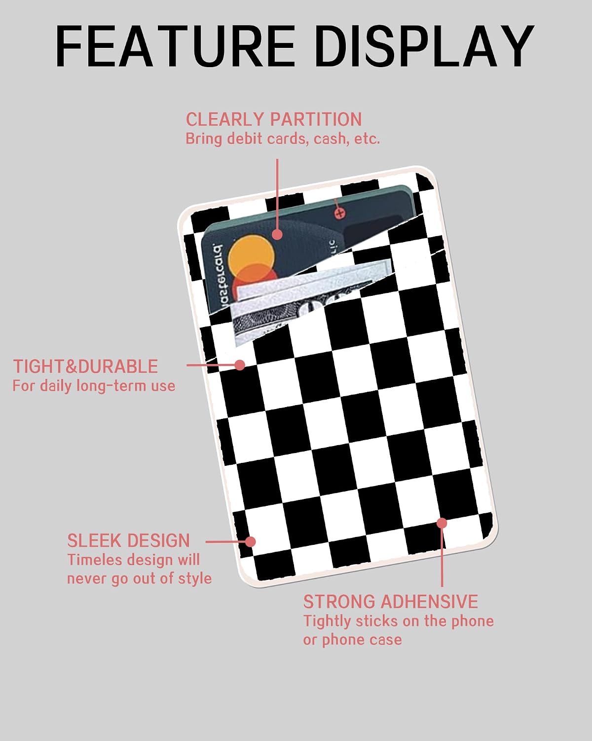 ADBOR Leather Phone Card Holder, Dual Pocket Phone Wallet Stick On, Cute Card Holder for Credit Card Holder for Phone Case Classic Checkerboard