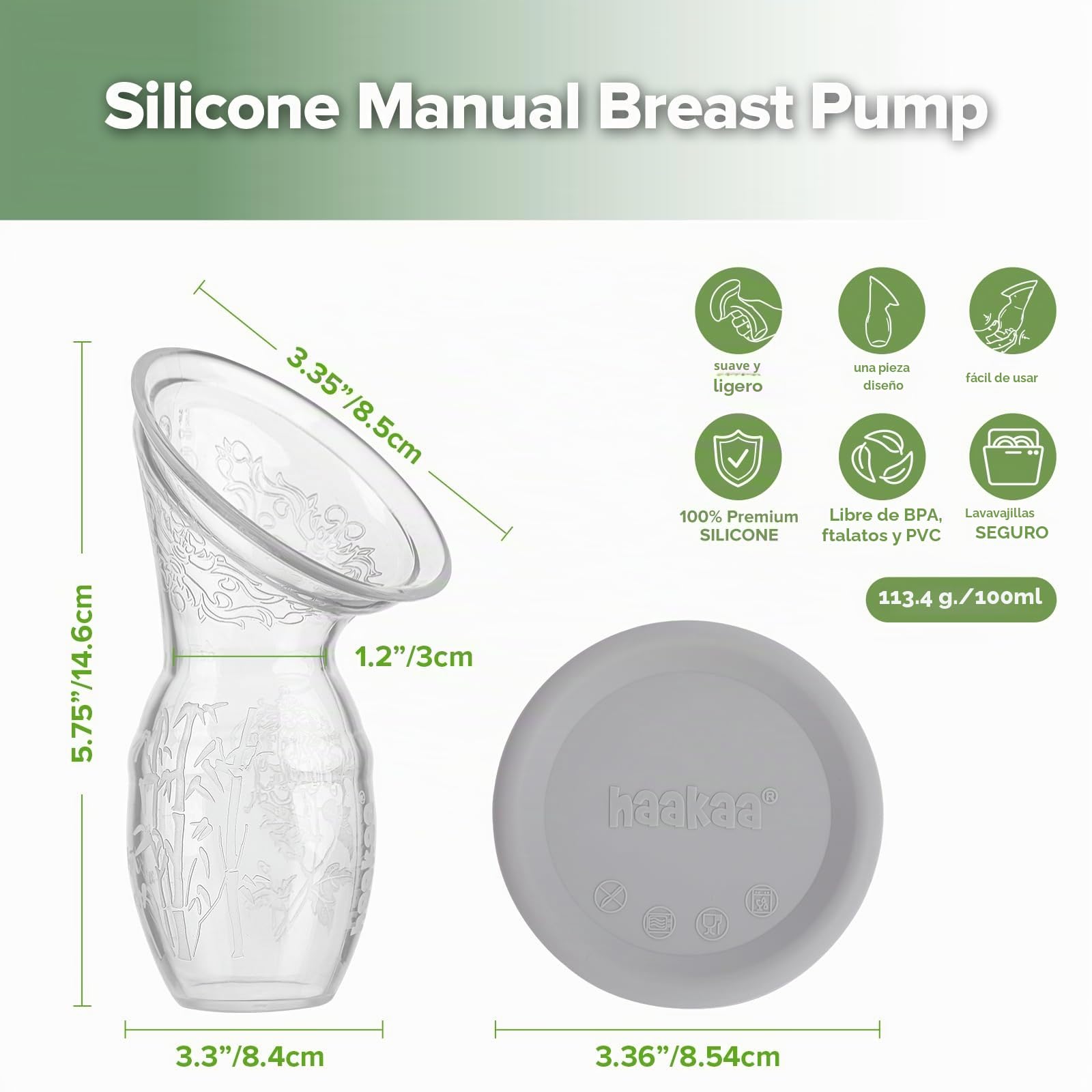 Haakaa 100 ML - Sacaleche de silicona con tapa, transparente sacaleches manual, recolección de leche, saludable e inocuo, ahorra cada gota de leche materna