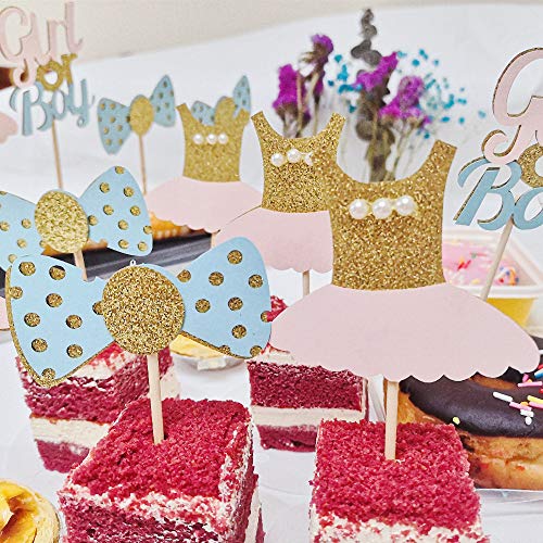Kiddale 24 Pack Glitter Baby Shower Cupcake Toppers Gender Reveal Cupcake Picks Pink And Blue Girl Or Boy Gender Reveal Centerpieces For Birthday Party Cake Food Decoration（Bow Tie And Tutu Dress） #TOP3