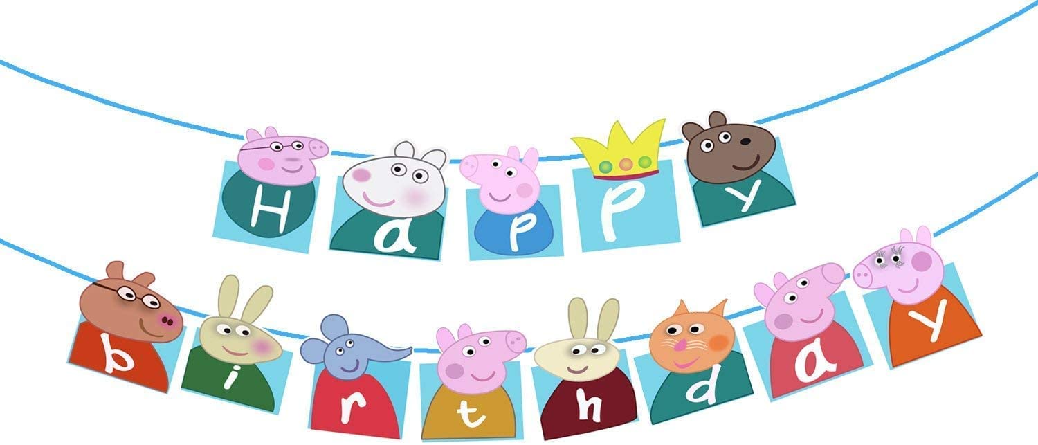 Peppa Pig Happy Birthday Banner with Ribbon, Peppa Pig Birthday Decorations for Kids, Birthday Banner Party Supplies for Boys and Girls